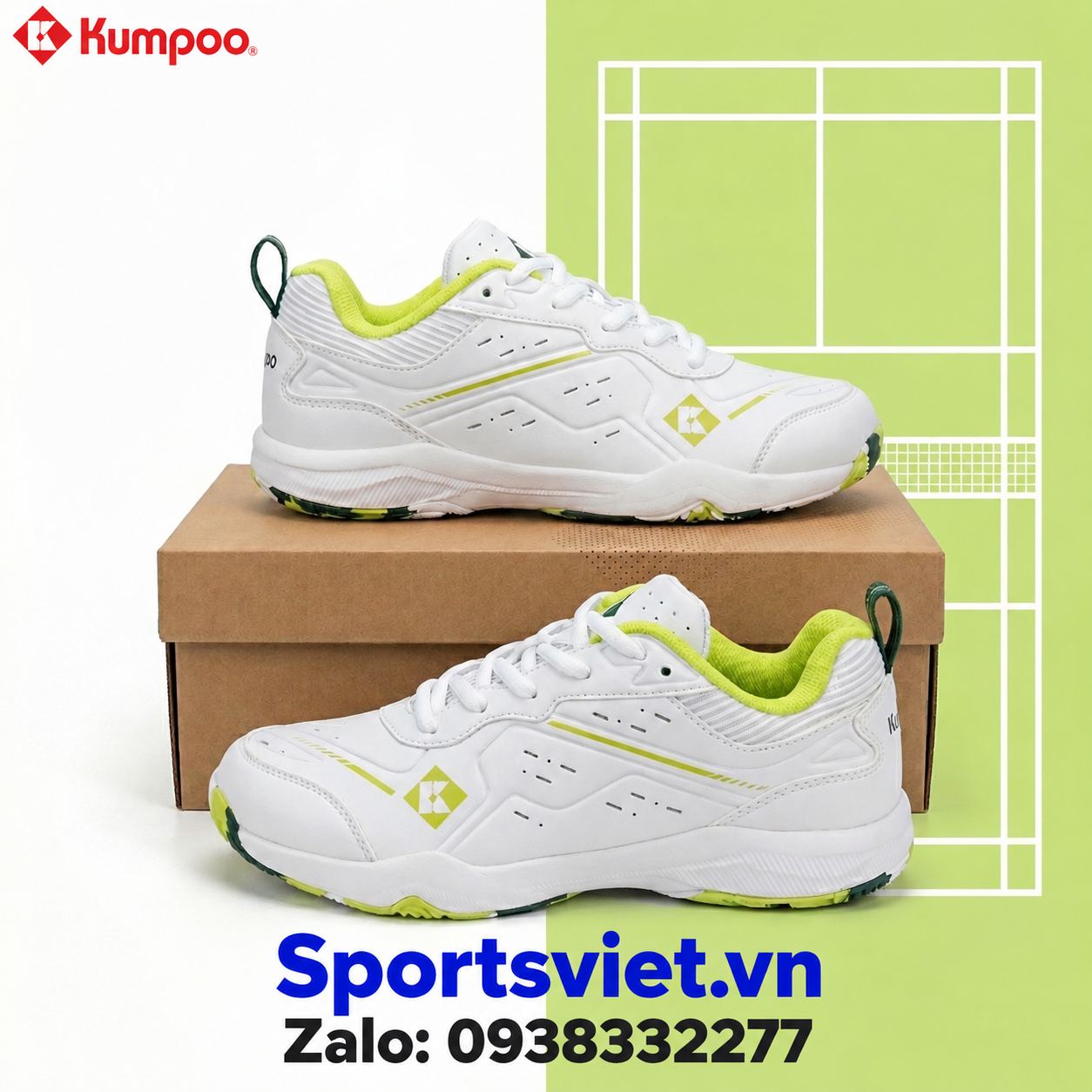 Giay-cau-long-pickleball-Kumpoo-E317-nam-nu-gia-re-chinh-hang-mau-trang-xanh-la