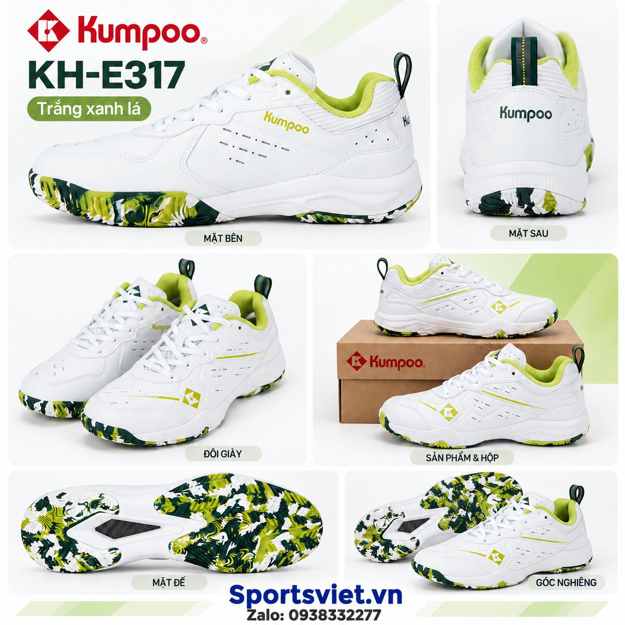 Giay-cau-long-pickleball-Kumpoo-E317-nam-nu-gia-re-chinh-hang-mau-trang-xanh-la