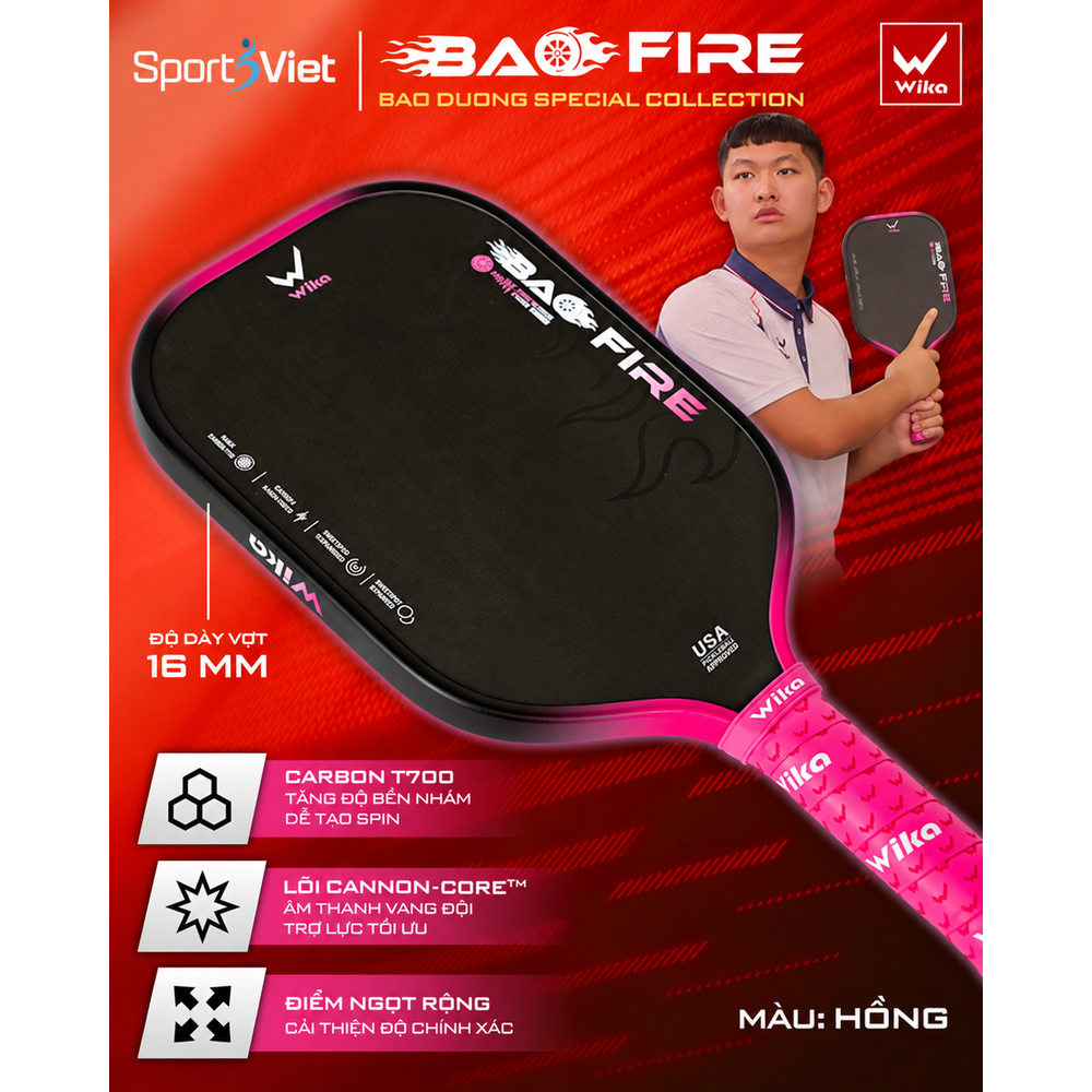 Vot-pickleball-wika-Bao-Fire-Tim-16mm-nam-gia-re-chinh-hang