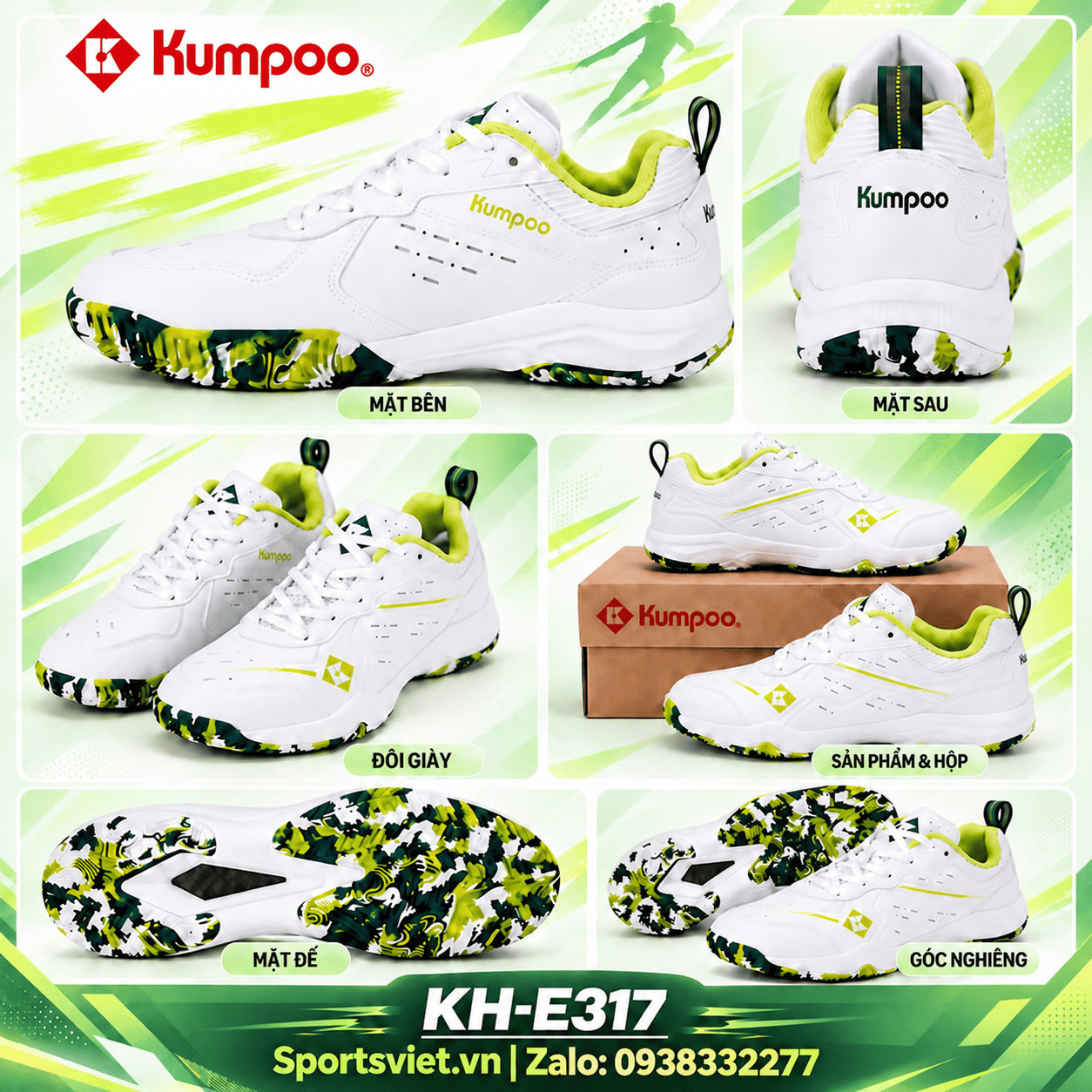 Giay-cau-long-pickleball-Kumpoo-E317-nam-nu-gia-re-chinh-hang-mau-trang-xanh-la