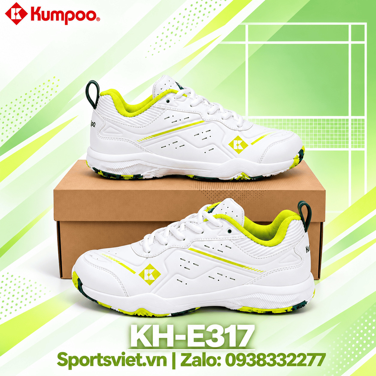 Giay-cau-long-pickleball-Kumpoo-E317-nam-nu-gia-re-chinh-hang-mau-trang-xanh-la