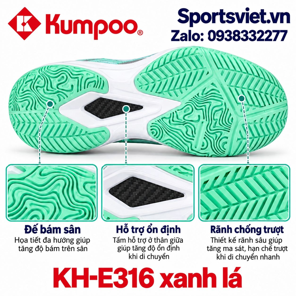 Giay-cau-long-pickleball-Kumpoo-E316-nam-nu-gia-re-chinh-hang-mau-xanh-la
