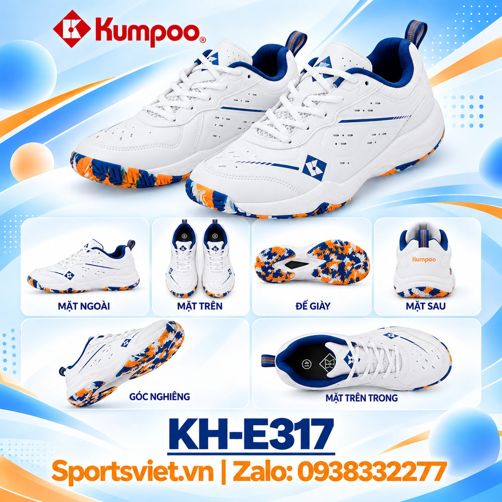 Giay-cau-long-pickleball-Kumpoo-E317-nam-nu-chinh-hang-gia-re-mau-trang-xanh