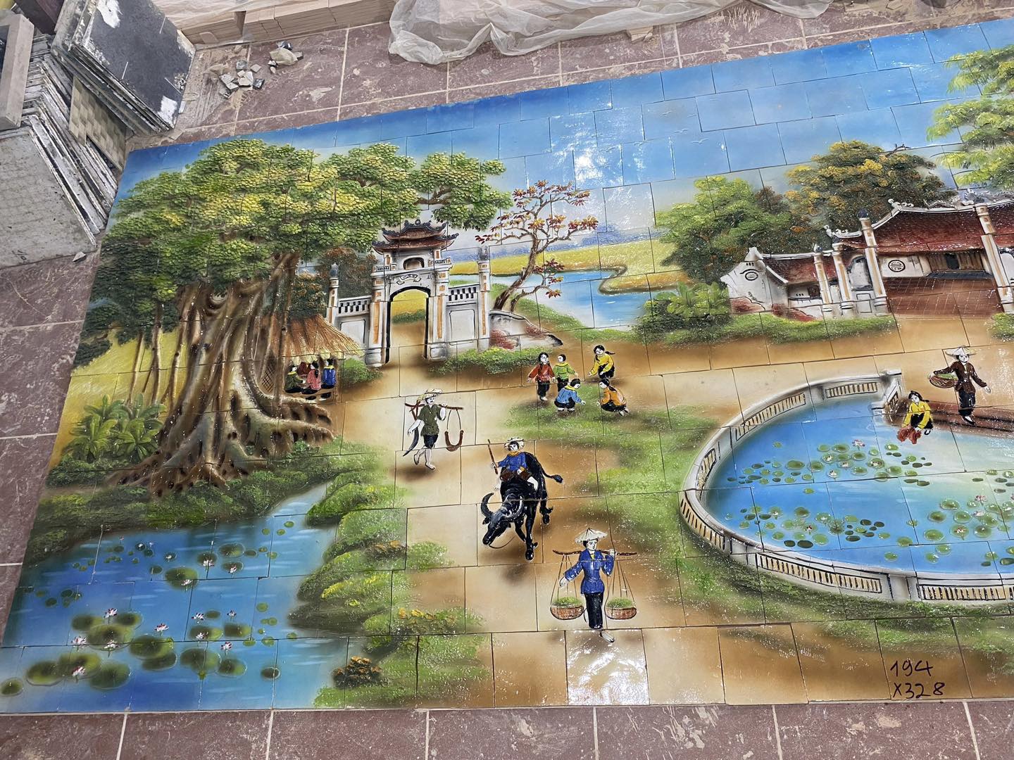 TRANH GỐM ĐẮP NỔI ỐP TƯỜNG PHONG CẢNH LÀNG QUÊ