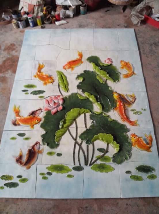 Lý ngư vọng nguyệt - Gốm Mosaic