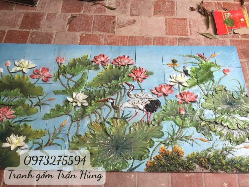TRANH GỐM ĐẮP NỔI ĐẦM HOA SEN