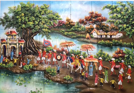 TRANH GỐM ĐẮP NỔI VINH QUY BÁI TỔ
