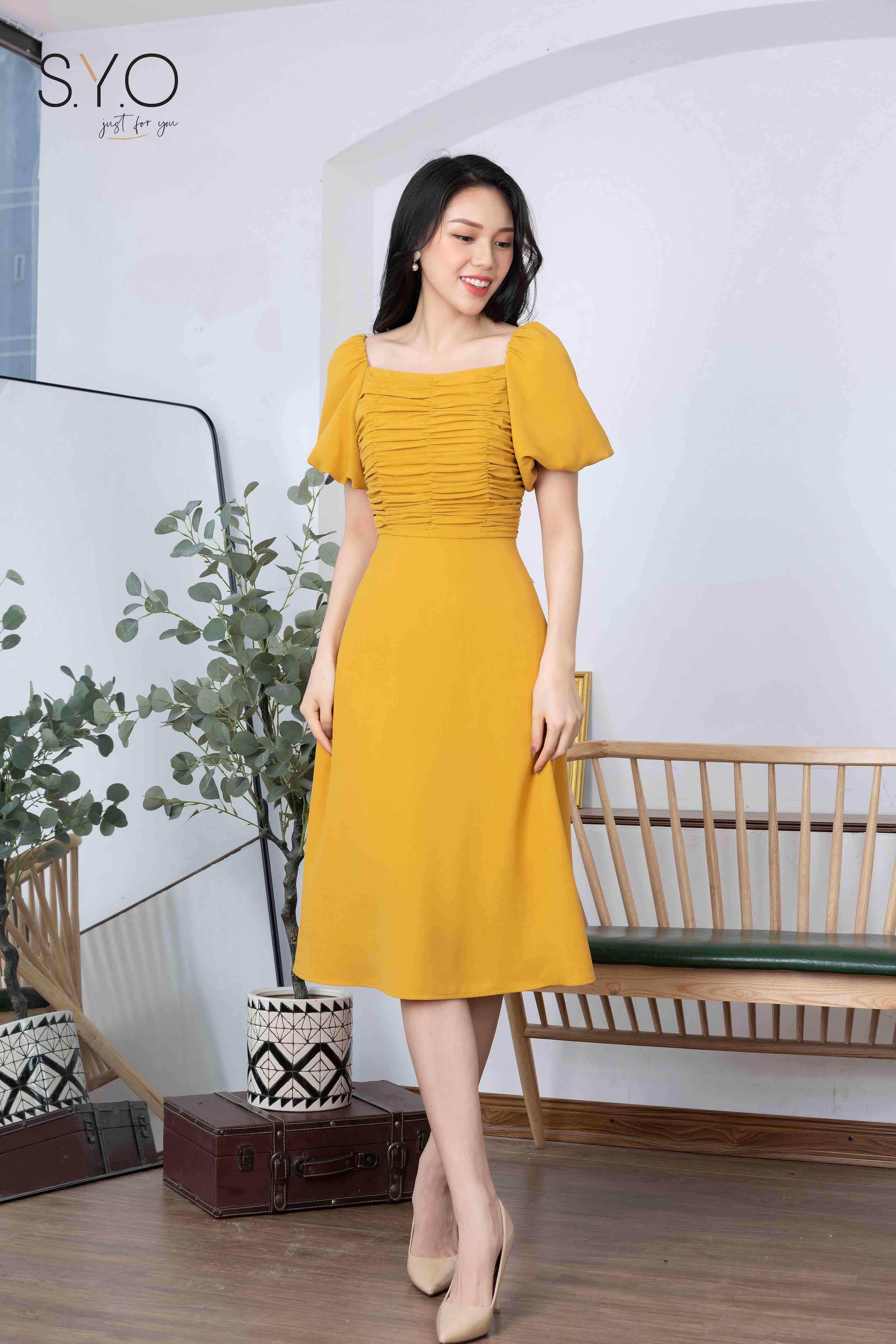 Váy đầm nữ cổ vuông tay bồng dáng xòe ngắn tiểu thư Gấu Store | Shopee Việt  Nam