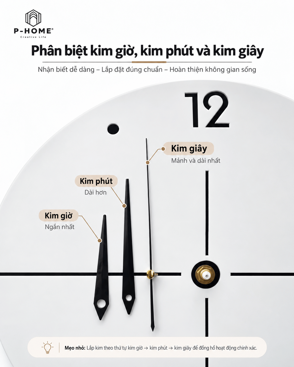 Phân biệt kim giờ kim phút và kim giây đồng hồ treo tường