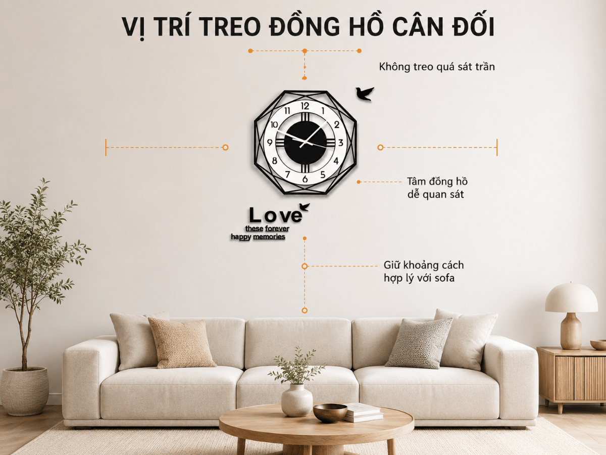 Vị trí và độ cao treo đồng hồ phía trên sofa