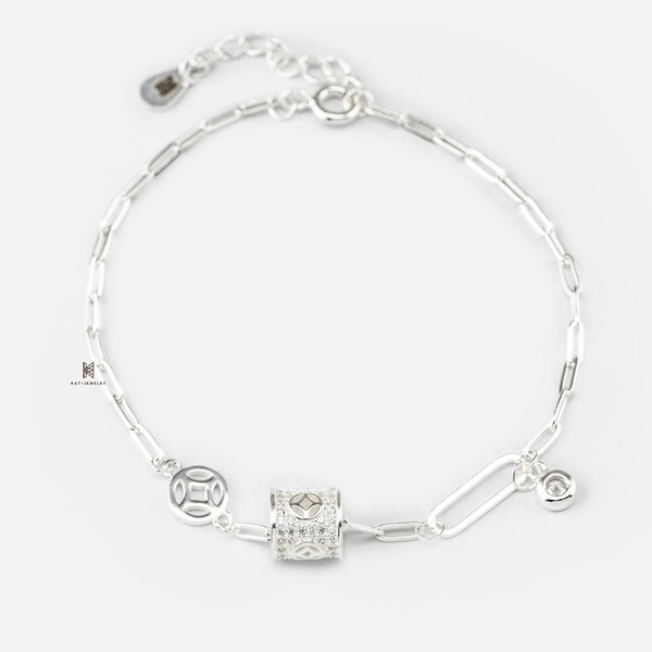 Lắc tay bạc nữ charm đồng xu may mắn đính đá
