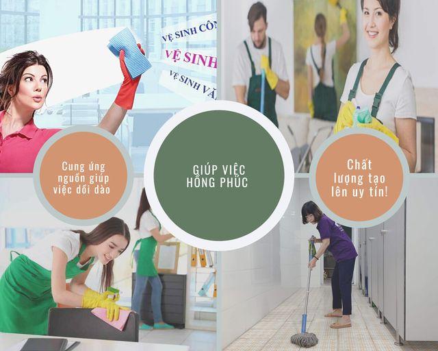 Ảnh ghép các nhân viên đang vệ sinh nhà, ở giữa có chữ “GIÚP VIỆC HỒNG PHÚC”