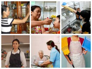 Ảnh ghép các công việc giúp việc gia đình: lau dọn, nấu ăn và chăm sóc người cao tuổi, trẻ nhỏ