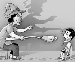 Minh họa người lớn dùng thìa đưa thức ăn về phía một đứa trẻ đang ngồi