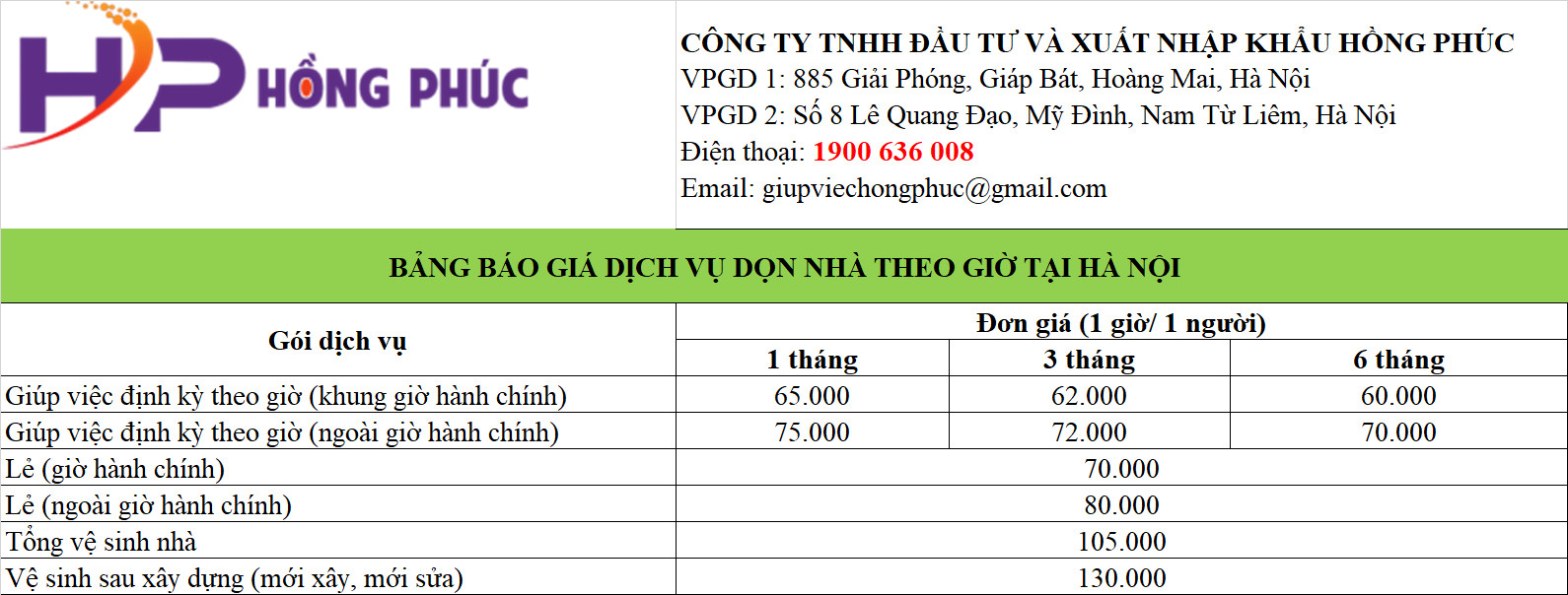 BẢNG BÁO GIÁ GIÚP VIỆC | Công ty giúp việc gia đình, giúp việc trông trẻ, vệ sinh công nghiệp