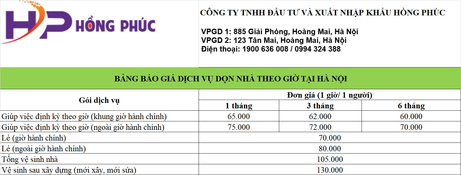 BẢNG BÁO GIÁ GIÚP VIỆC | Công ty giúp việc gia đình, giúp việc trông trẻ, vệ sinh công nghiệp