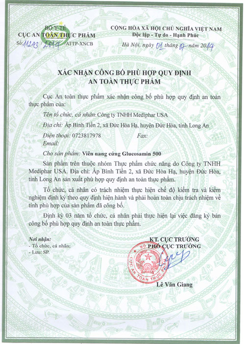 Giấy phép an toàn thực phẩm sản phẩm hỗ trợ xương khớp Glucosamin 500 Giấy phép an toàn thực phẩm sản phẩm hỗ trợ xương khớp Glucosamin 500