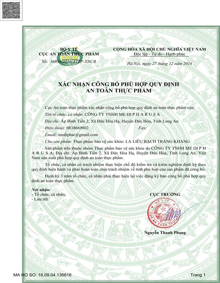 Giấy phép An Toàn Thực Phẩm La Liễu Bạch Tràng Khang