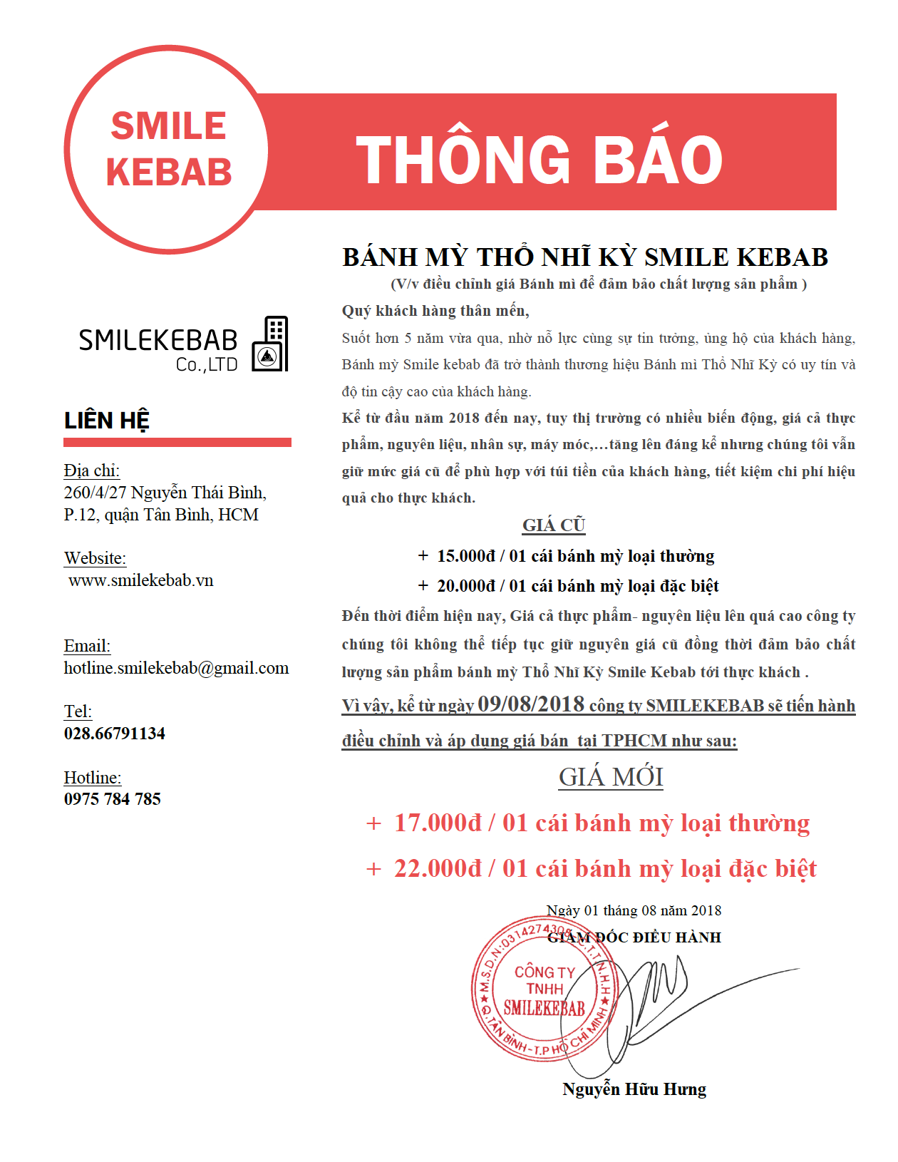 Hệ thống Smile Kebab- Kể từ 13/08/2018  điều chỉnh giá bán bánh mỳ tại TP.HCM