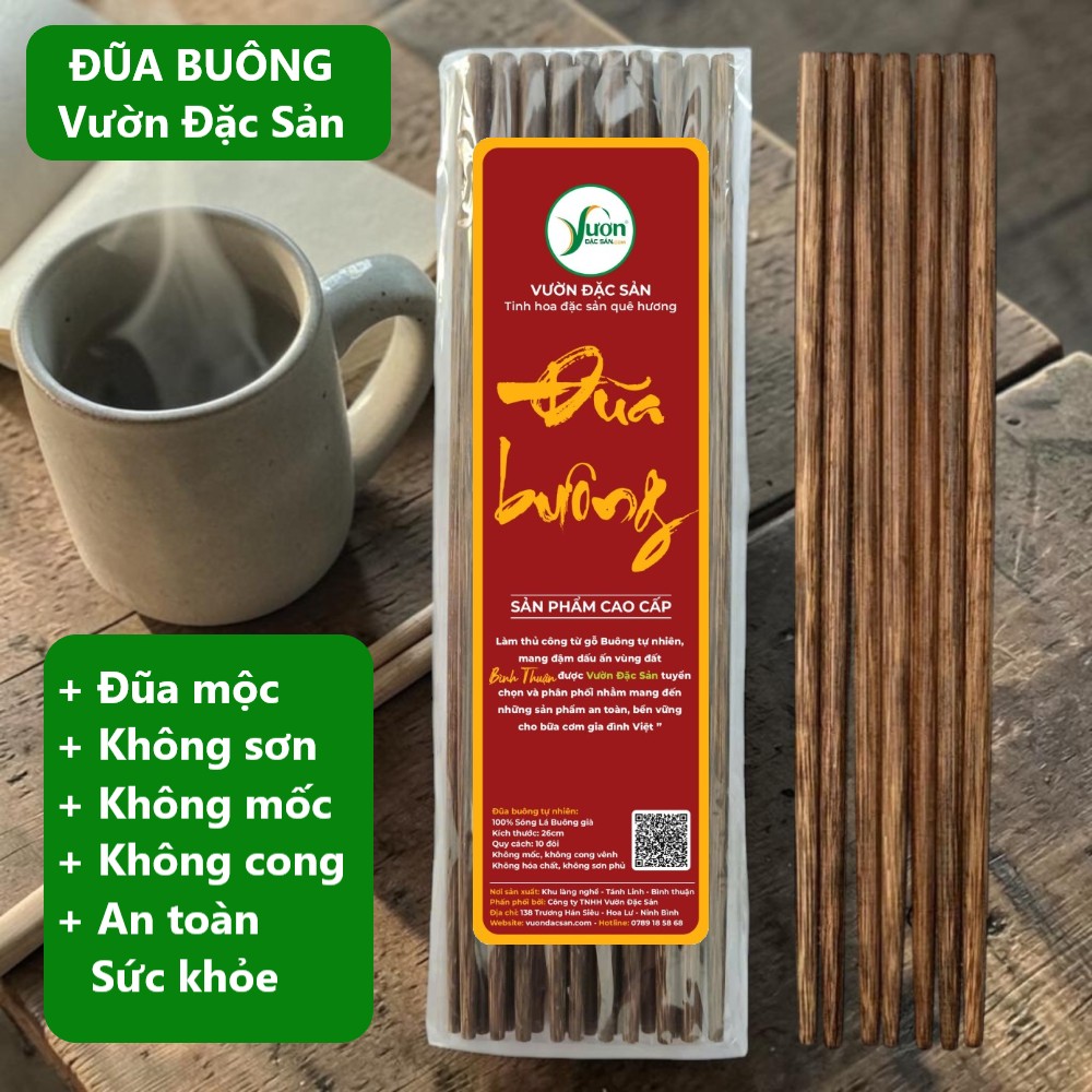(Bộ 10 đôi) Đũa Buông Bình Thuận Tự Nhiên 100% - Không Sơn Không Hóa Chất – Đũa Gỗ Sạch An Toàn Thực Phẩm