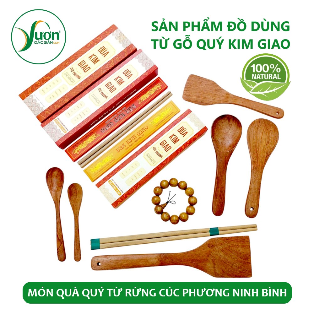 Hôp 10 Đôi Đũa gỗ Kim Giao + 01 Mui xào + 01 Mui xới cơm - Sản phẩm của Vườn Đặc Sản Ninh Bình