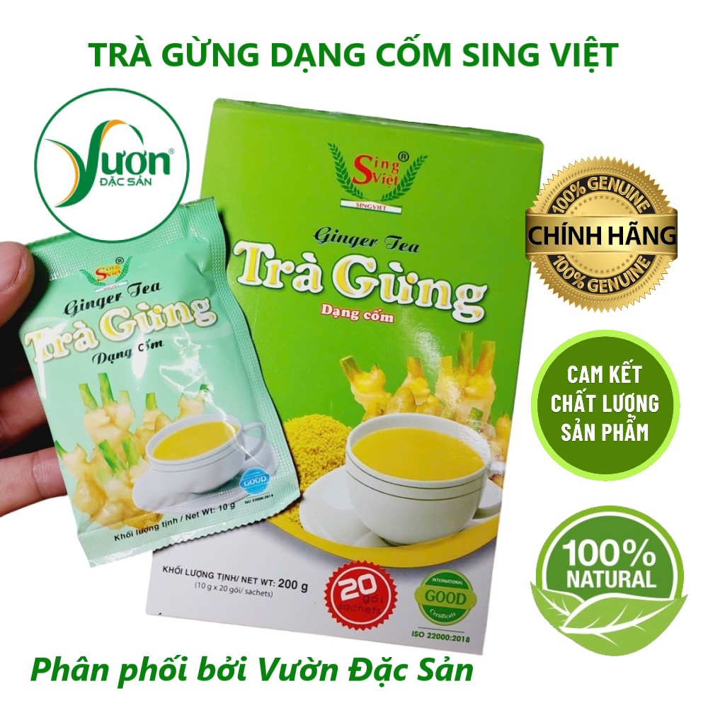 Hộp 200g Trà gừng dạng cốm Sing Việt (20 gói 10g) 100% tự nhiên pha uống liền tiện dùng - Vườn Đặc Sản