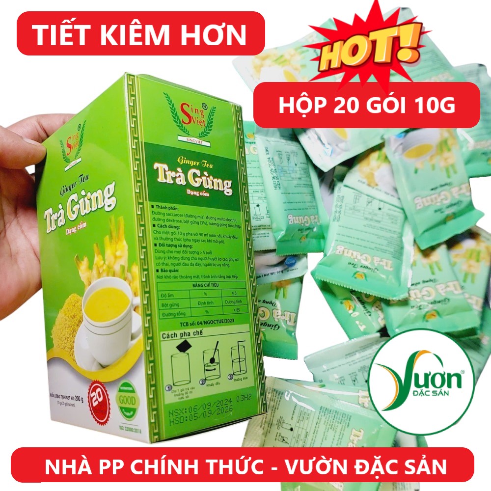 Hộp 200g Trà gừng dạng cốm Sing Việt (20 gói 10g) 100% tự nhiên pha uống liền tiện dùng - Vườn Đặc Sản
