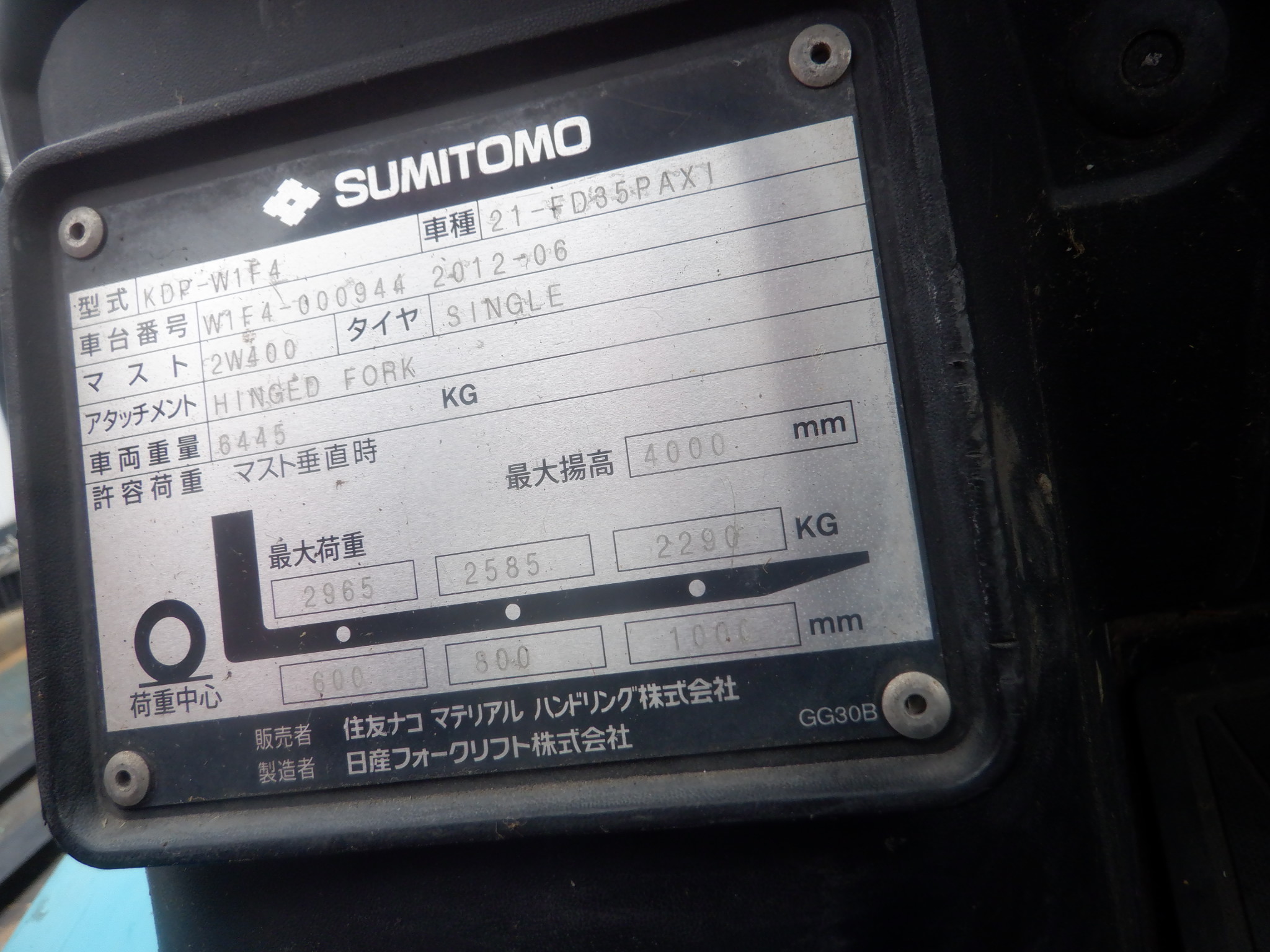 Xe nâng 3,5 tấn Sumitomo số tự động, động cơ TD42, tháp 4m, gật gù, đời cao