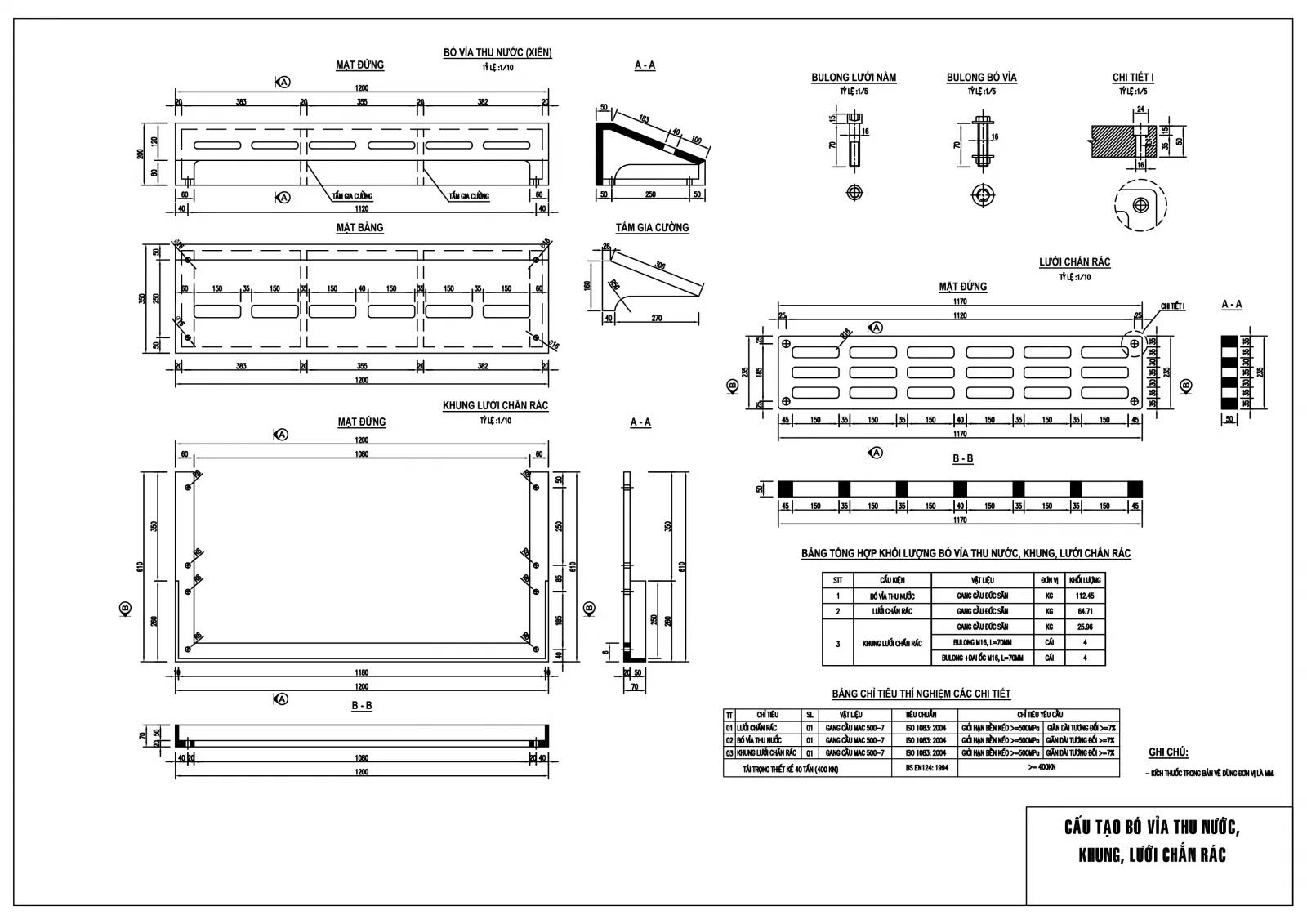Bản vẽ tổng thể bó vỉa gang cầu dạng hộp xiên BV-GC01 Minh Hải