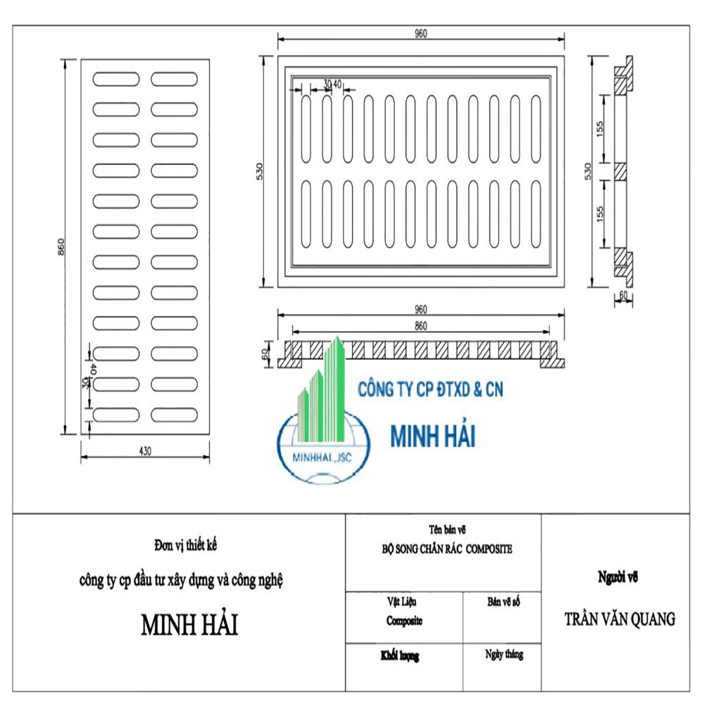 Bản vẽ kỹ thuật bộ song chắn rác composite có khung 960x530 mm