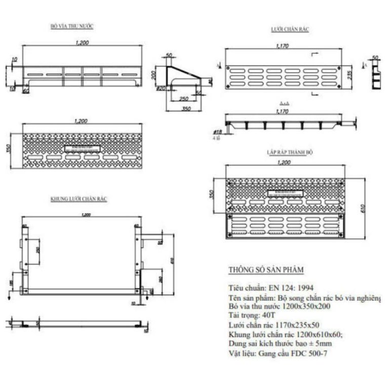 Bản vẽ kỹ thuật bó vỉa gang cầu BV-GC01 kích thước chi tiết