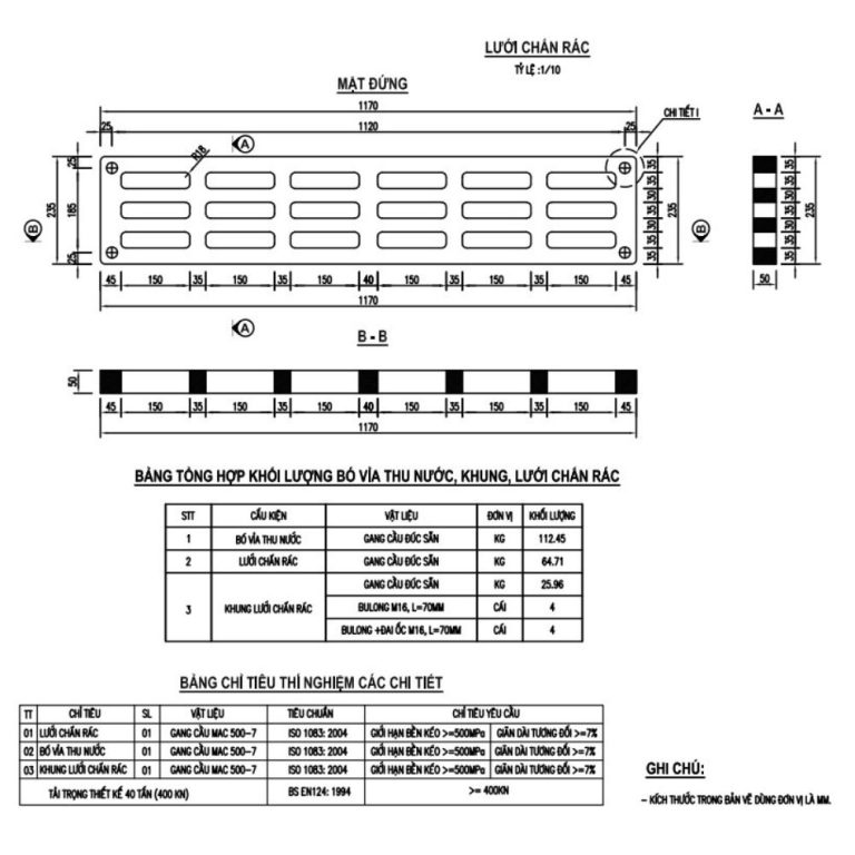 Bản vẽ chi tiết bó vỉa xiên và lưới chắn rác gang cầu Minh Hải
