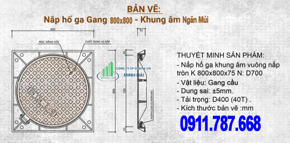 Bản vẽ nắp hố ga khung âm 800x800 Minh Hải thân vuông nắp tròn