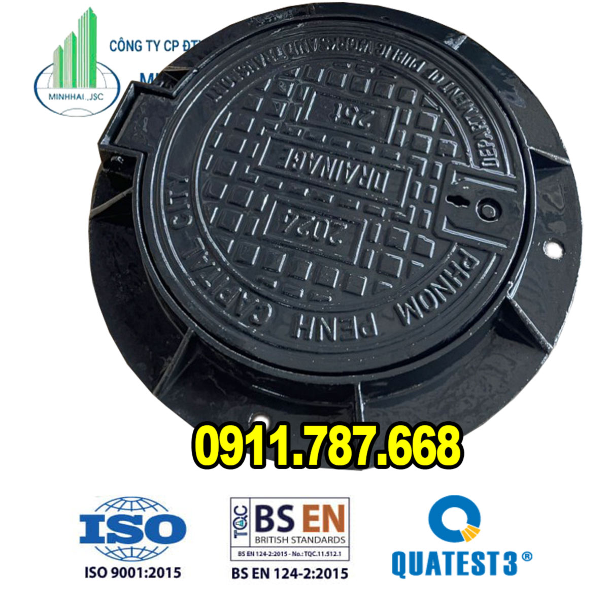Nắp hố ga gang khung âm thân tròn D850 Minh Hải hoa văn chống trượt