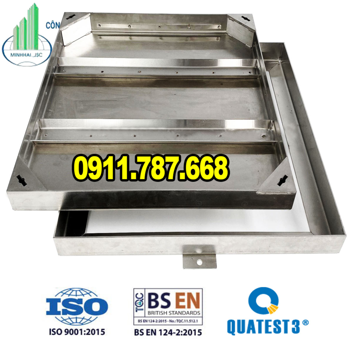 Nắp hố ga lát gạch đá inox 304 Minh Hải âm sàn thẩm mỹ cao cho sân vườn biệt thự