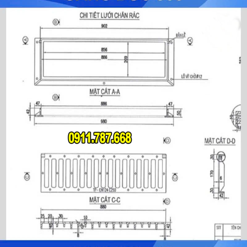 Song chắn rác gang Minh Hải kích thước 980x280x50mm