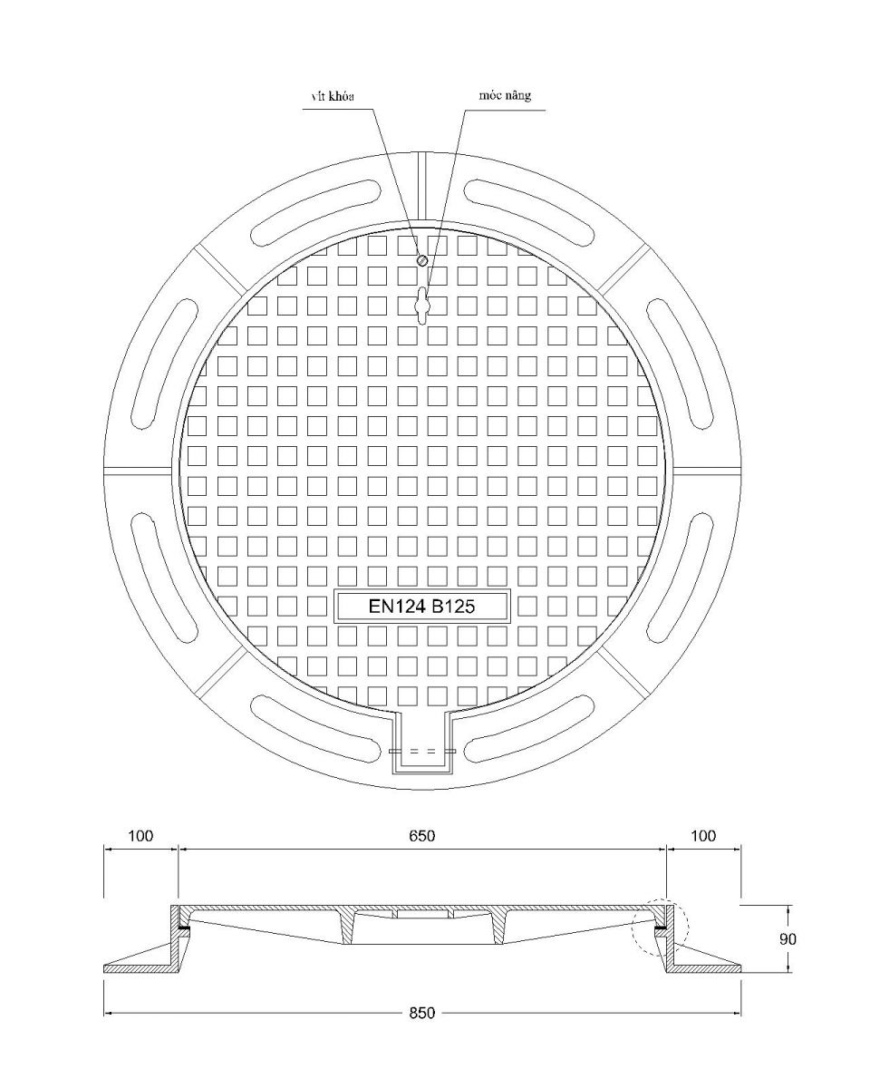 Nắp hố ga gang khung âm thân tròn [D850mm] | BS EN 124:2015 Minh Hải
