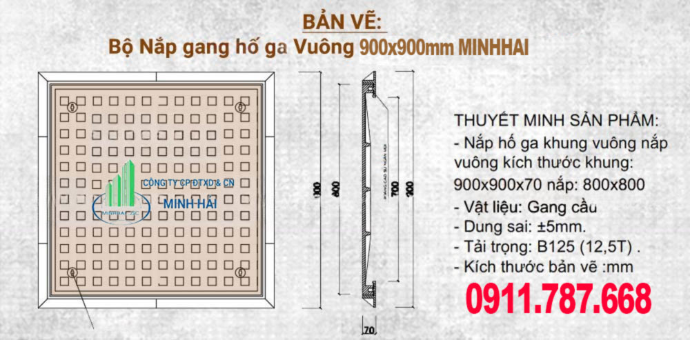 Nắp Gang Hố Ga Vuông - Kích thước 900x900mm [Minh Hải]