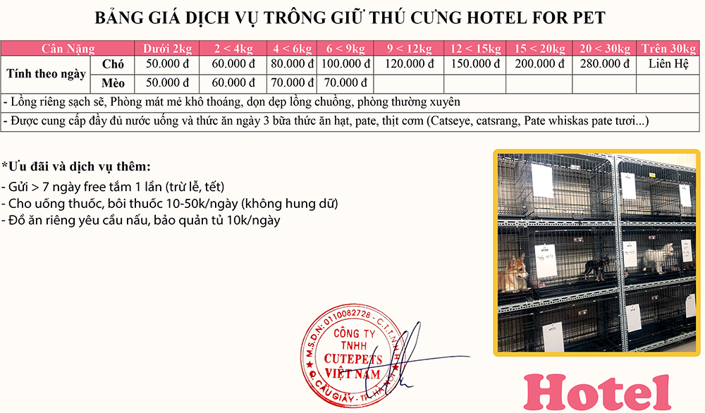 Bảng giá Hotel cutepets