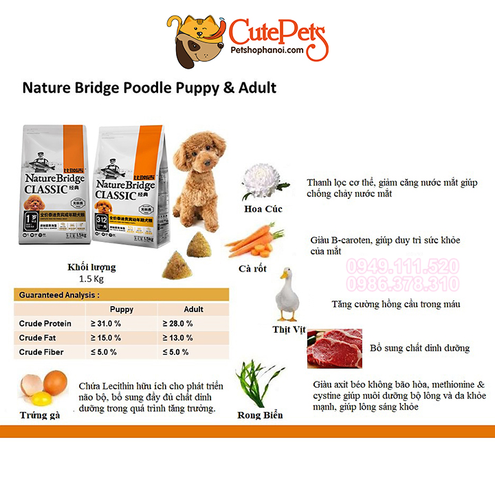 Thức ăn cho chó Nature Bridge 1.5kg Hạt cho chó Poodle - CutePets