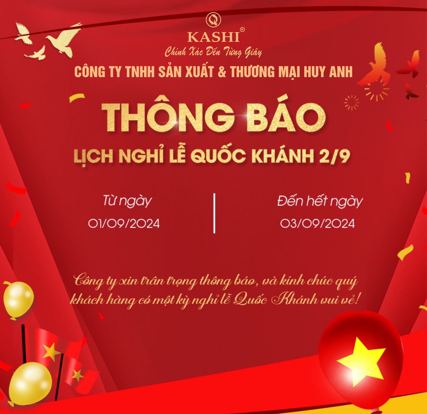 THÔNG BÁO LỊCH NGHỈ LỄ QUỐC KHÁNH 2/9