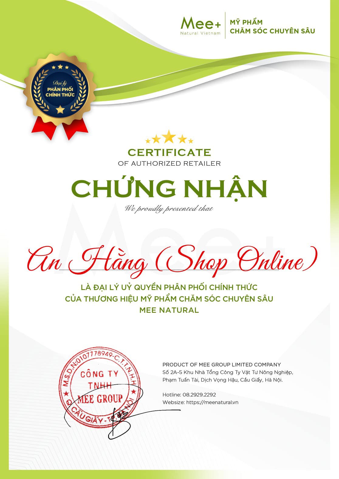 Chào mừng An Hằng Shop trở thành đại lý bán hàng của Mee Natural