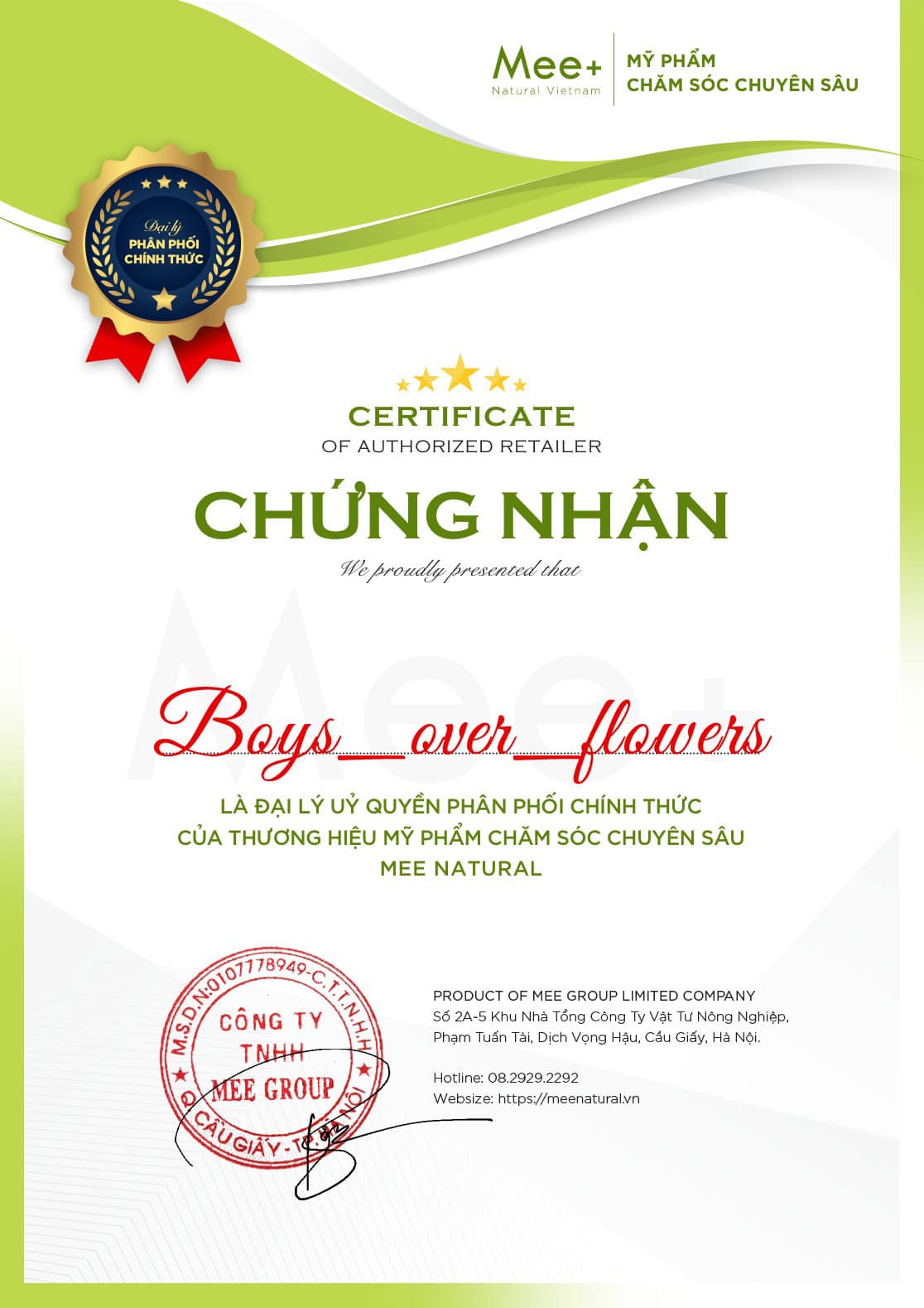 Chào mừng Boys Over Flowers trở thành đại lý bán hàng của Mee Natural