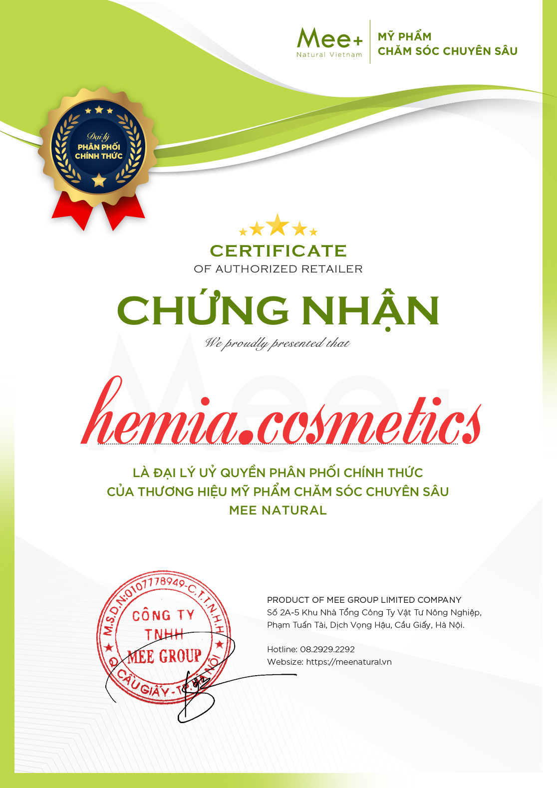 Chào mừng Hemia.cosmetics trở thành đại lý bán hàng chính thức của Mee Natural