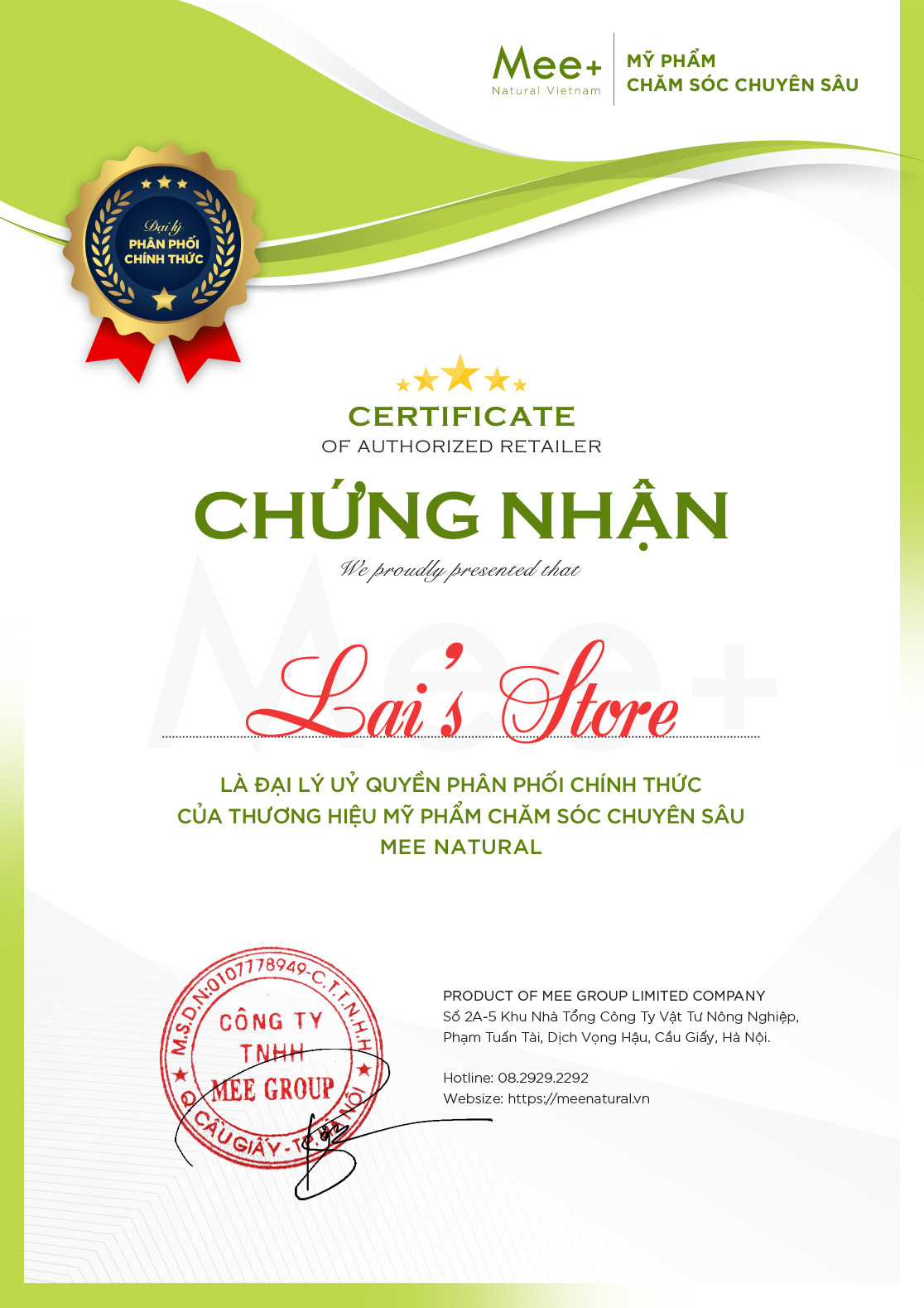 Chào mừng Lai's Store trở thành đại lý bán hàng chính thức của Mee Natural