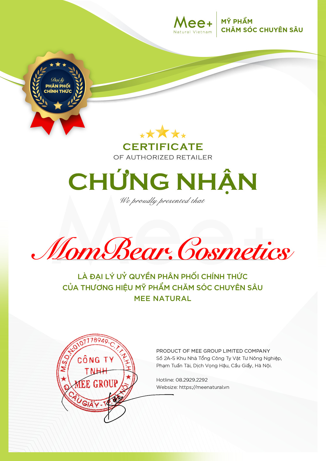 Chào mừng MomBear Cosmetics trở thành đại lý bán hàng của Mee Natural