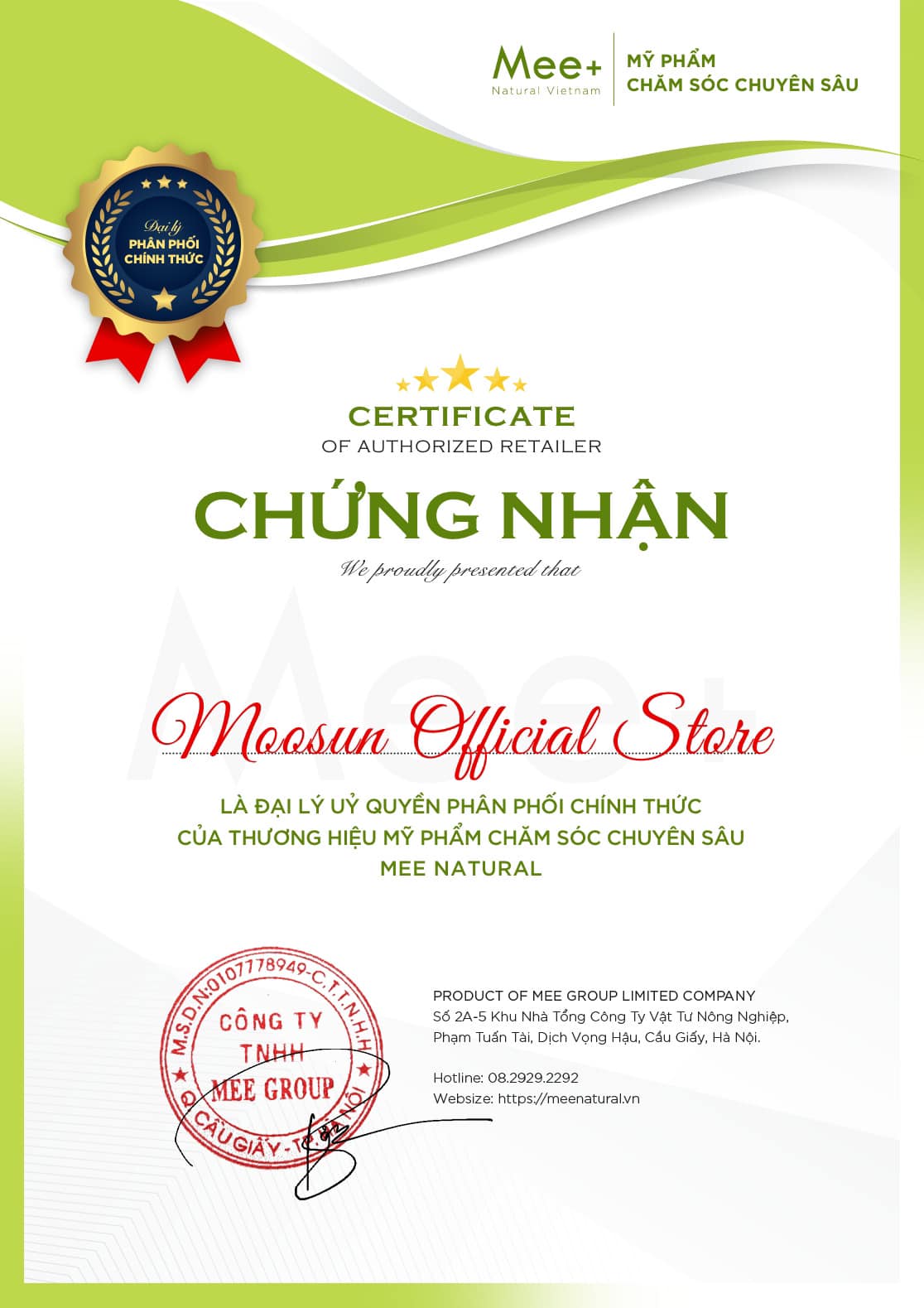 Chào mừng MooSun Official Store trở thành đại lý bán hàng của Mee Natural