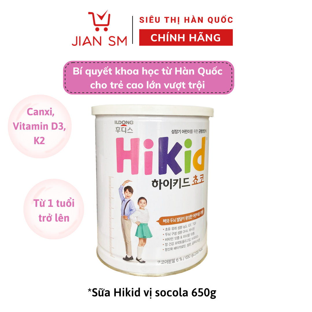 Sữa  bột Hikid cho bé vị Socola nội địa Hàn Quốc hộp 650g (1 - 9 tuổi)