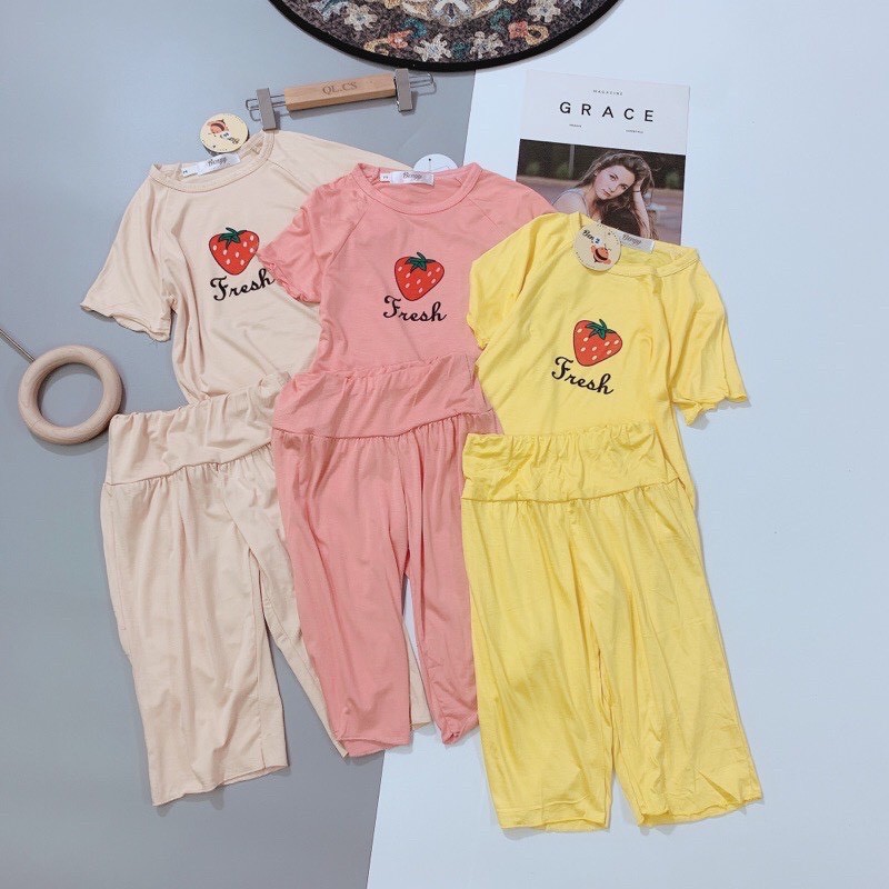 ẢNH THẬT - SET BỘ BÉ GÁI MẶC NHÀ COTTON QUẢ DÂU 3 MÀU