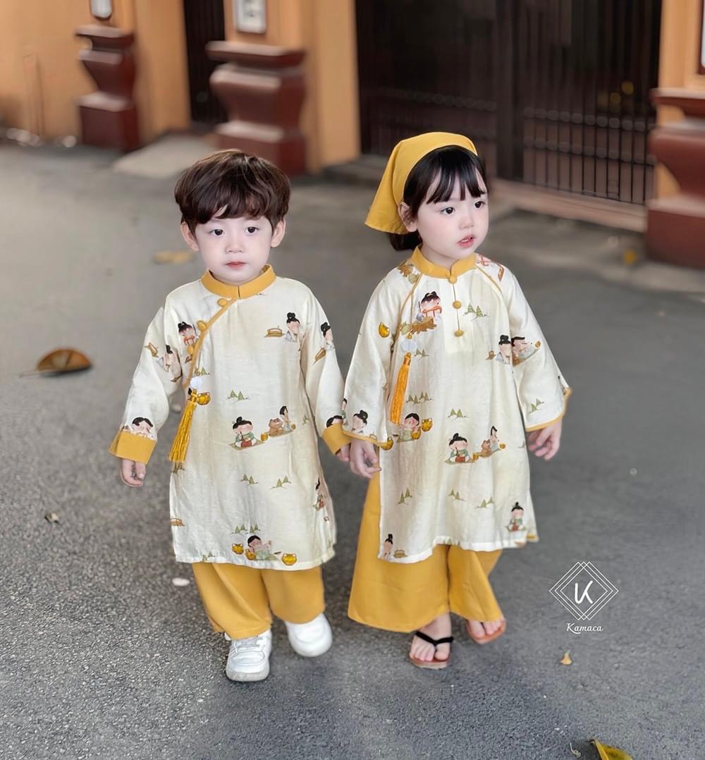 (Đặt trước) B - SET ÁO DÀI BÉ TRẮNG QUẦN VÀNG HÌNH CẬU BÉ